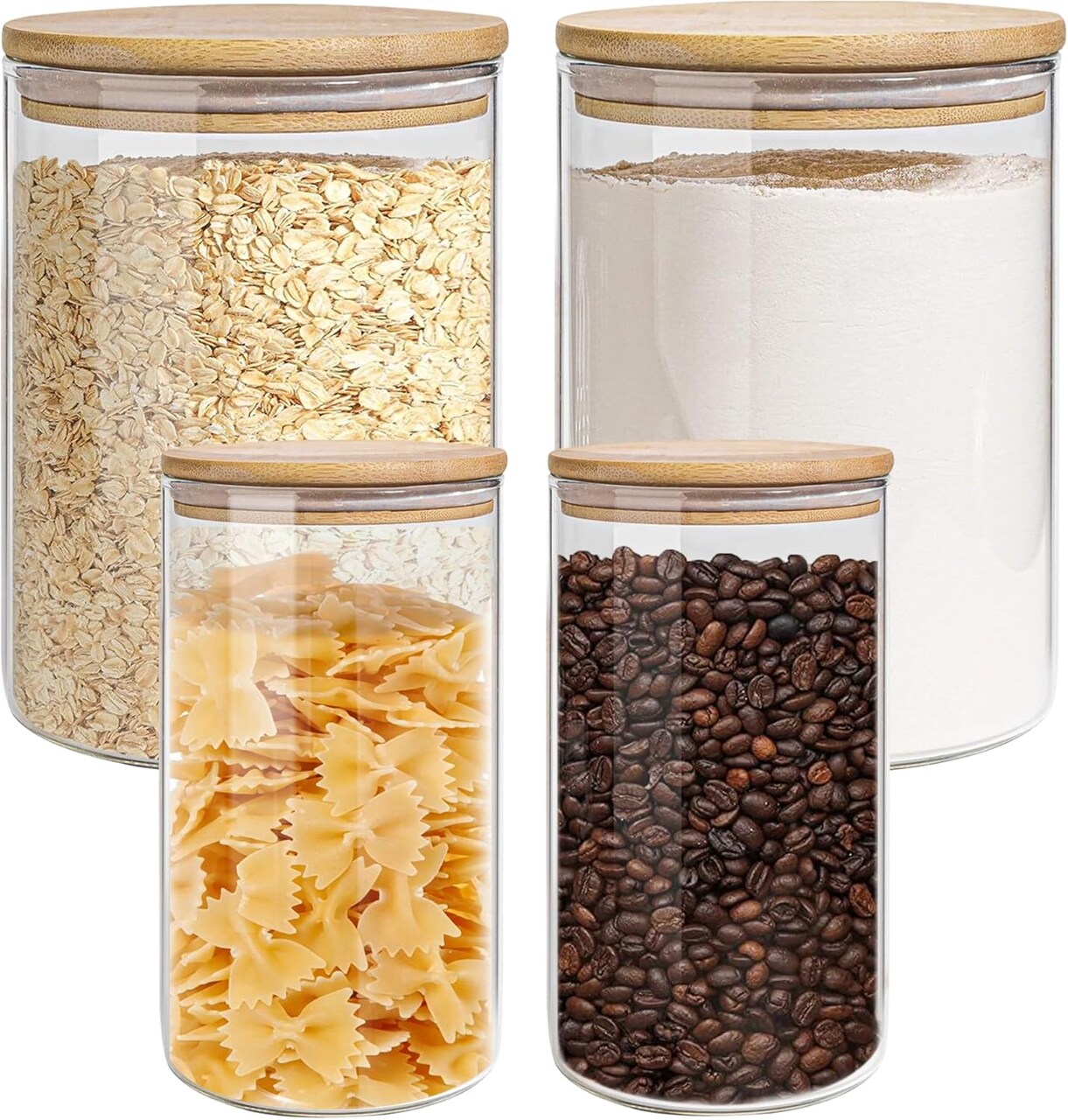 Glass Storage Jars Set Elegant Containers with Airtight Bamboo Lids, Perfect for Kitchen Organization - Flour, Rice, Pasta, Sugar, Coffee Beans (2 packs(37oz) / 2 packs(111oz)) 9.3"L x 4.9"W x 3.1"H